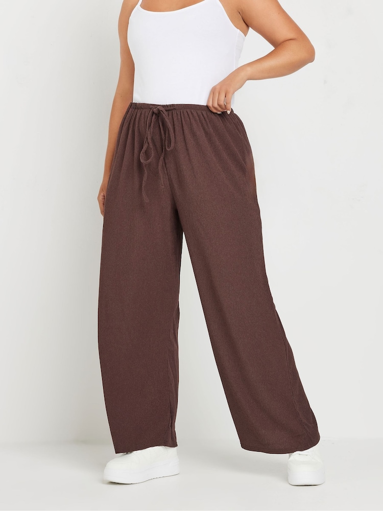 Yours Curve Brown Textured Tie Waist Wide Leg Trousers - Image 1 of 5