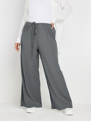 Yours Curve Grey Textured Tie Waist Wide Leg Trousers - Image 1 of 2