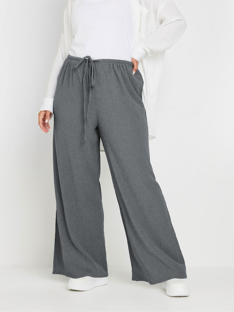 Yours Curve Grey Textured Tie Waist Wide Leg Trousers - Image 1 of 2