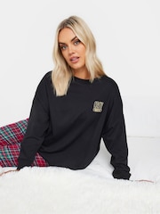 Yours Curve Black Longsleeve Embroidered Pyjamas Top - Image 1 of 5