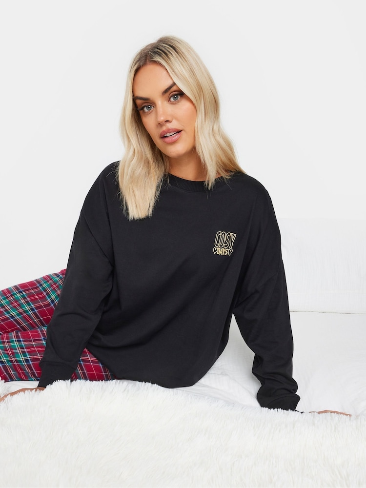 Yours Curve Black Longsleeve Embroidered Pyjamas Top - Image 1 of 5