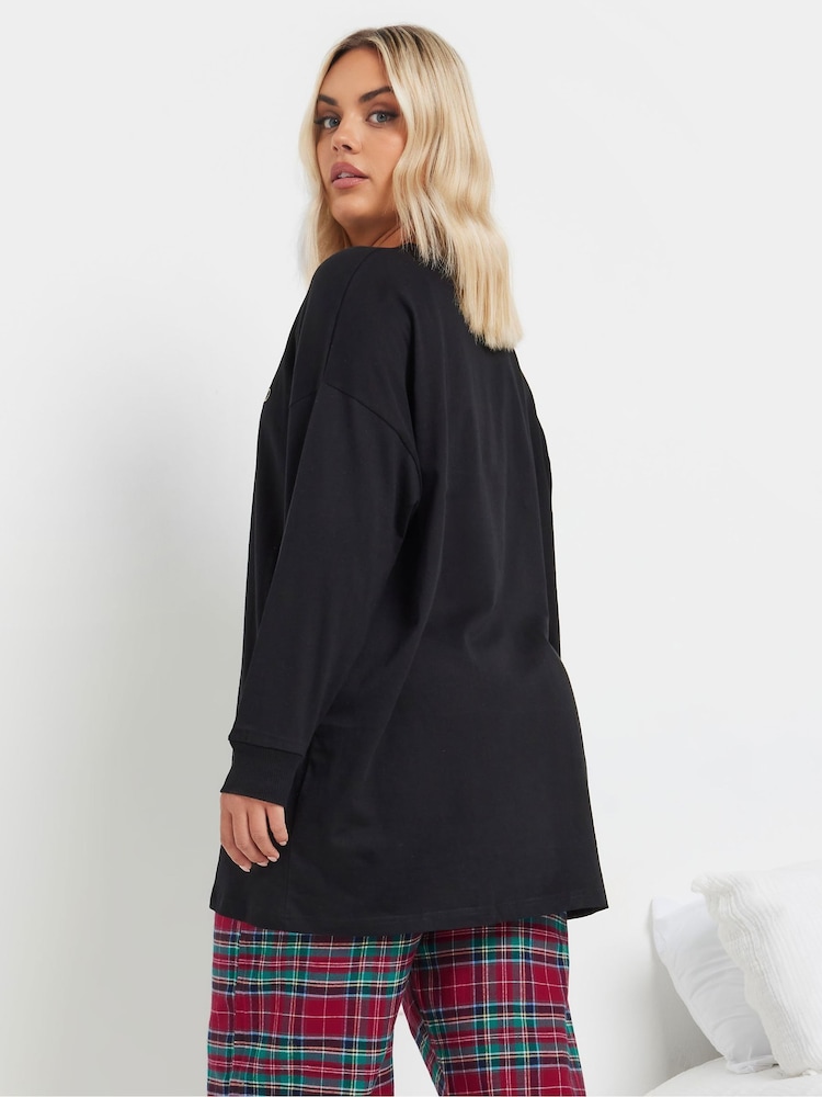 Yours Curve Black Longsleeve Embroidered Pyjamas Top - Image 3 of 5