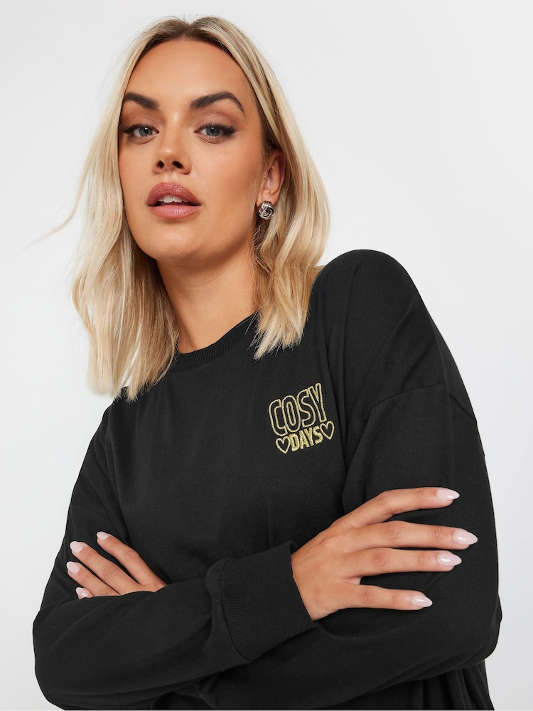 Yours Curve Black Longsleeve Embroidered Pyjamas Top - Image 4 of 5