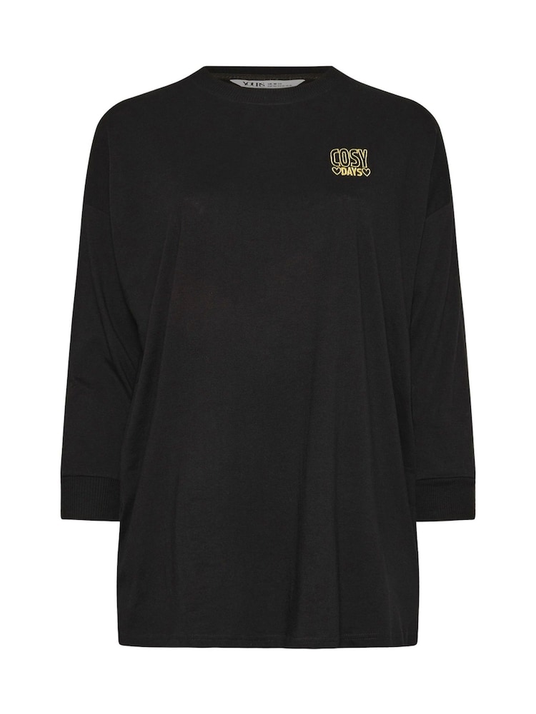 Yours Curve Black Longsleeve Embroidered Pyjamas Top - Image 5 of 5