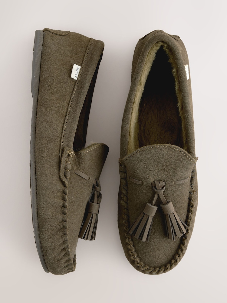 Khaki Green Suede Tassel Mocassin Slippers - Image 1 of 9
