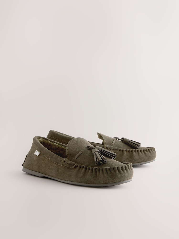 Khaki Green Suede Tassel Mocassin Slippers - Image 2 of 9