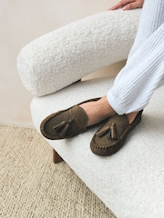 Khaki Green Suede Tassel Mocassin Slippers - Image 8 of 9