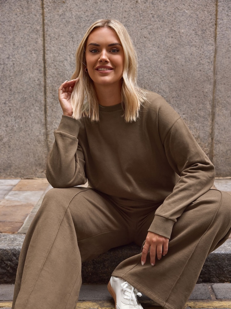 Yours Curve Brown Crewneck Sweatshirt With Wide Leg Joggers Set - Image 2 of 6
