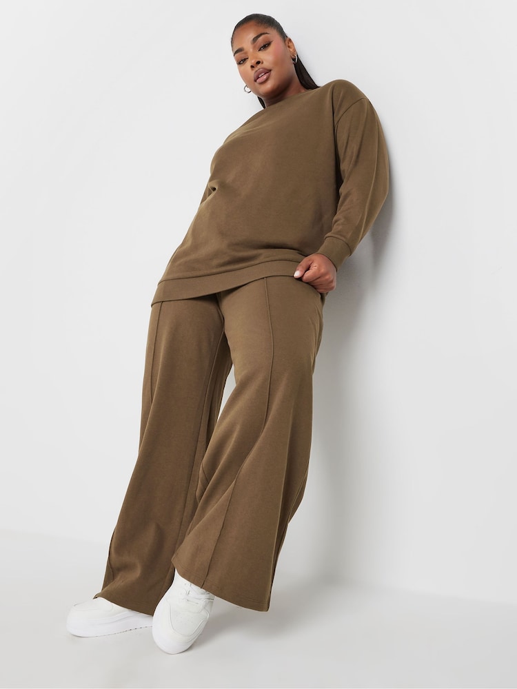 Yours Curve Brown Crewneck Sweatshirt With Wide Leg Joggers Set - Image 3 of 6