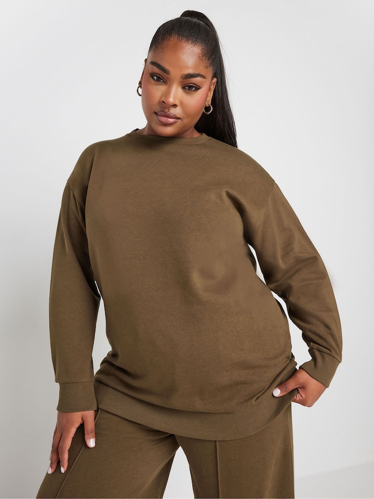 Yours Curve Brown Crewneck Sweatshirt With Wide Leg Joggers Set - Image 4 of 6