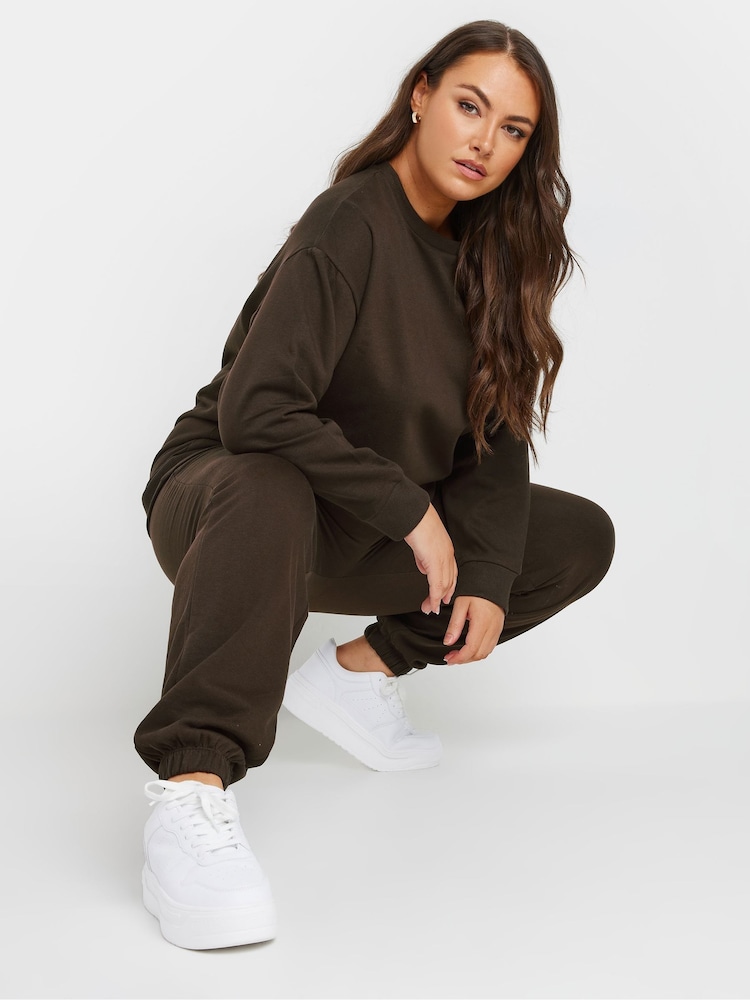 Yours Curve Brown Crewneck Sweatshirt with Cuffed Chocolate Joggers Set - Image 1 of 5
