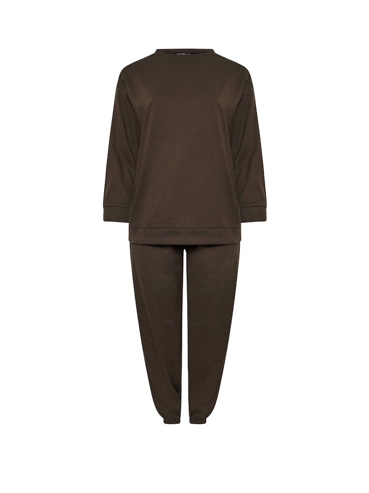 Yours Curve Brown Crewneck Sweatshirt with Cuffed Chocolate Joggers Set - Image 5 of 5