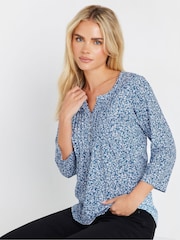M&Co Blue Petite 3/4 Sleeve 100% Cotton Henley Top - Image 1 of 5