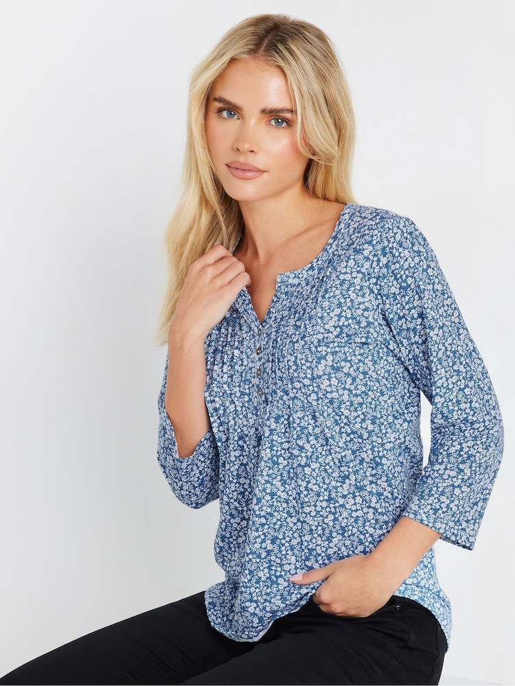 M&Co Blue Petite 3/4 Sleeve 100% Cotton Henley Top - Image 1 of 5