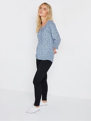 M&Co Blue Petite 3/4 Sleeve 100% Cotton Henley Top - Image 3 of 5