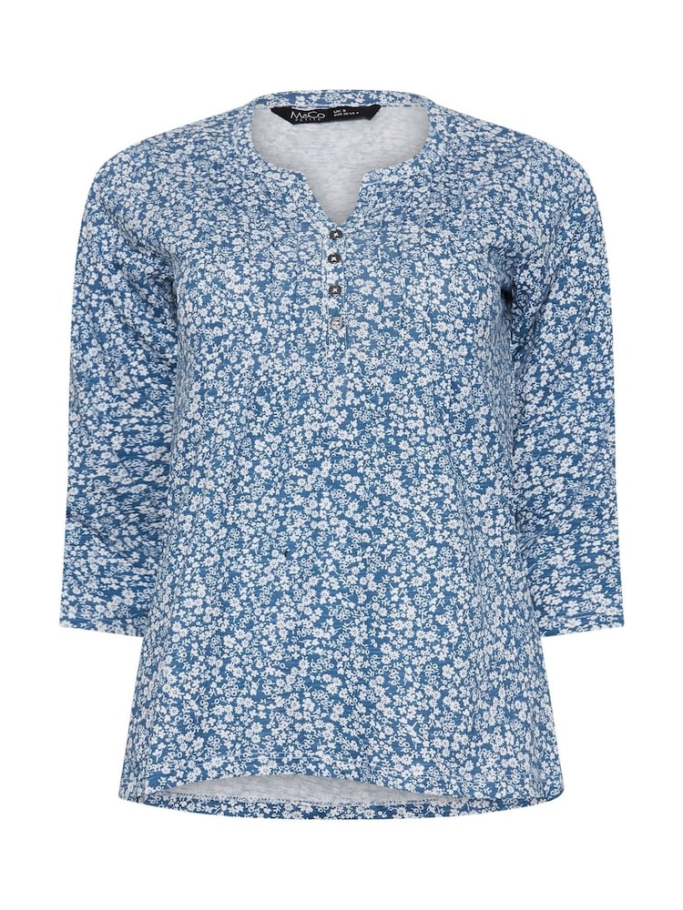 M&Co Blue Petite 3/4 Sleeve 100% Cotton Henley Top - Image 5 of 5