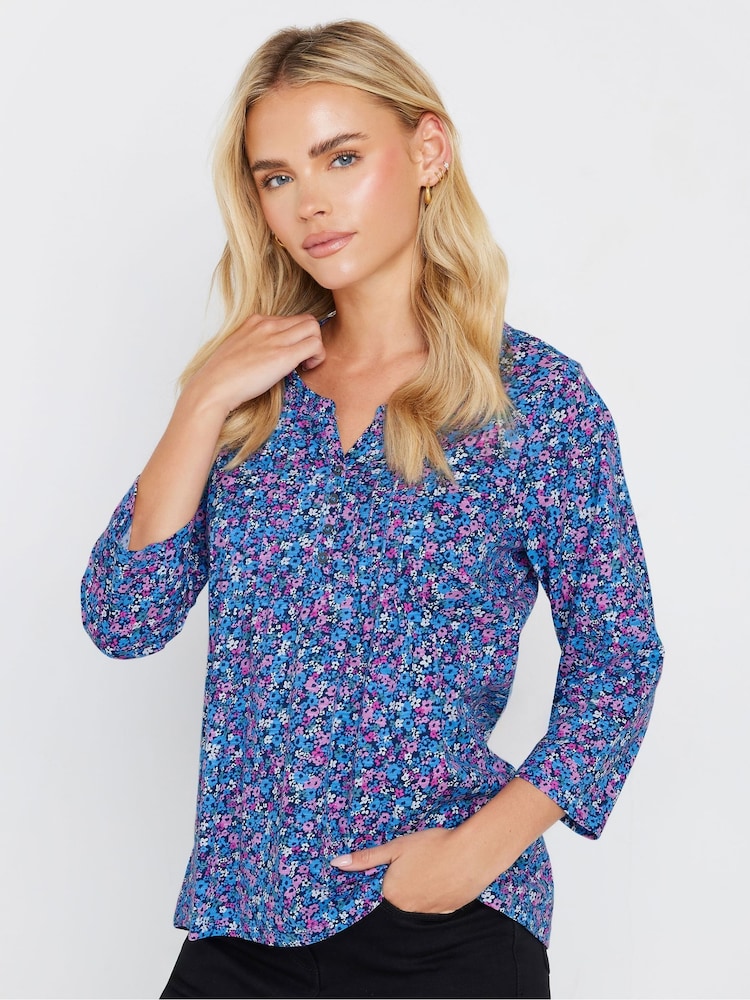 M&Co Pink Petite 3/4 Sleeve 100% Cotton Henley Top - Image 1 of 5