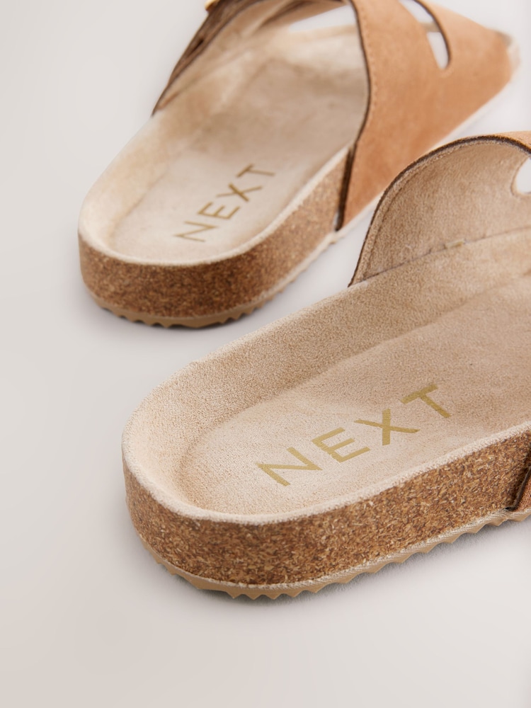 Tan Brown Suede Buckle Sliders Slippers - Image 3 of 4