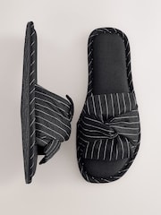 Black Pinstripe Linen Blend Bow Sliders Slippers - Image 1 of 5