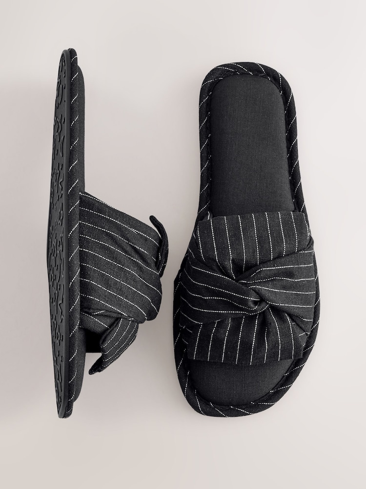 Black Pinstripe Linen Blend Bow Sliders Slippers - Image 1 of 5