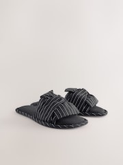 Black Pinstripe Linen Blend Bow Sliders Slippers - Image 2 of 5