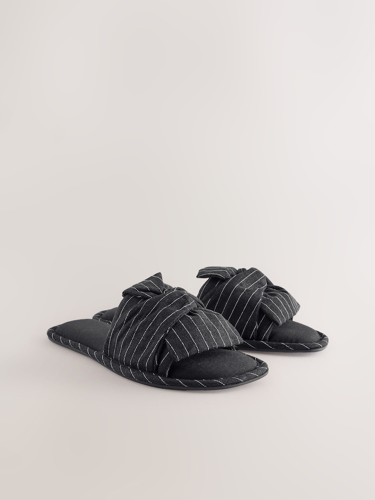 Black Pinstripe Linen Blend Bow Sliders Slippers - Image 2 of 5
