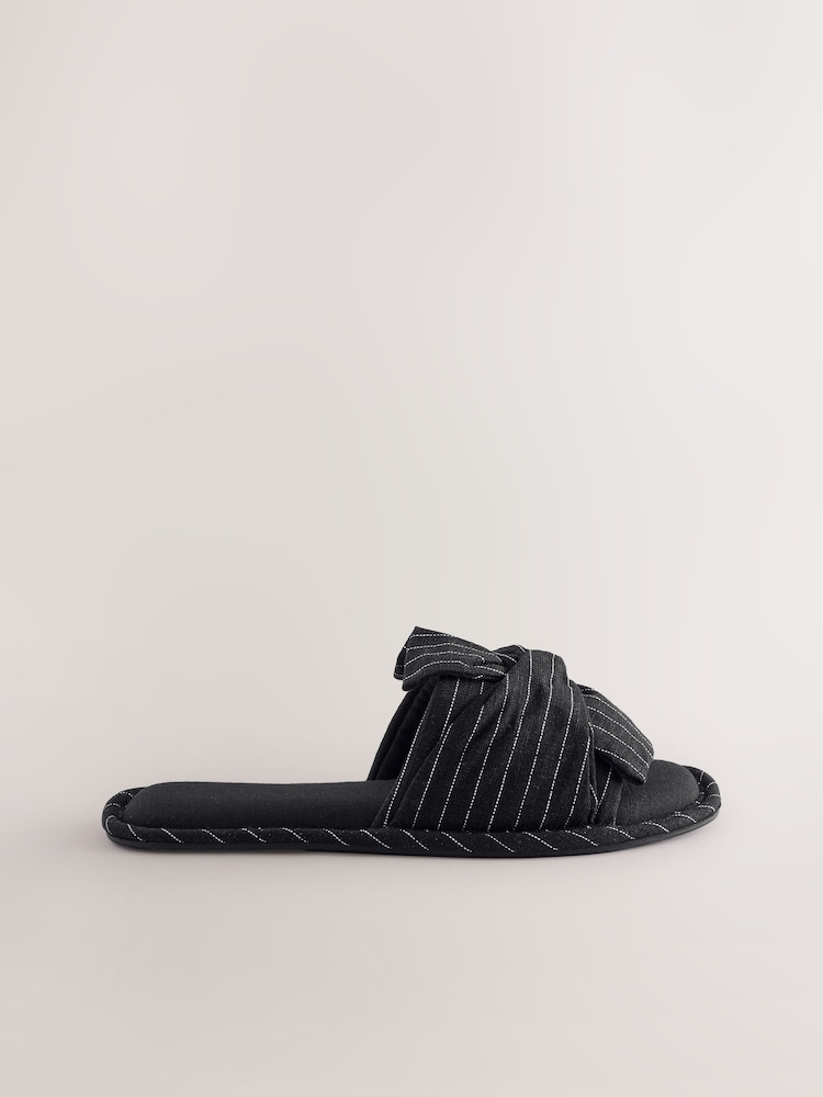 Black Pinstripe Linen Blend Bow Sliders Slippers - Image 3 of 5