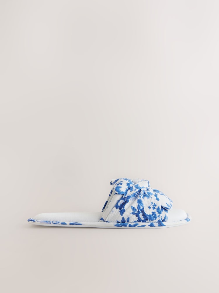 Blue Floral Print Linen Blend Bow Sliders Slippers - Image 4 of 8