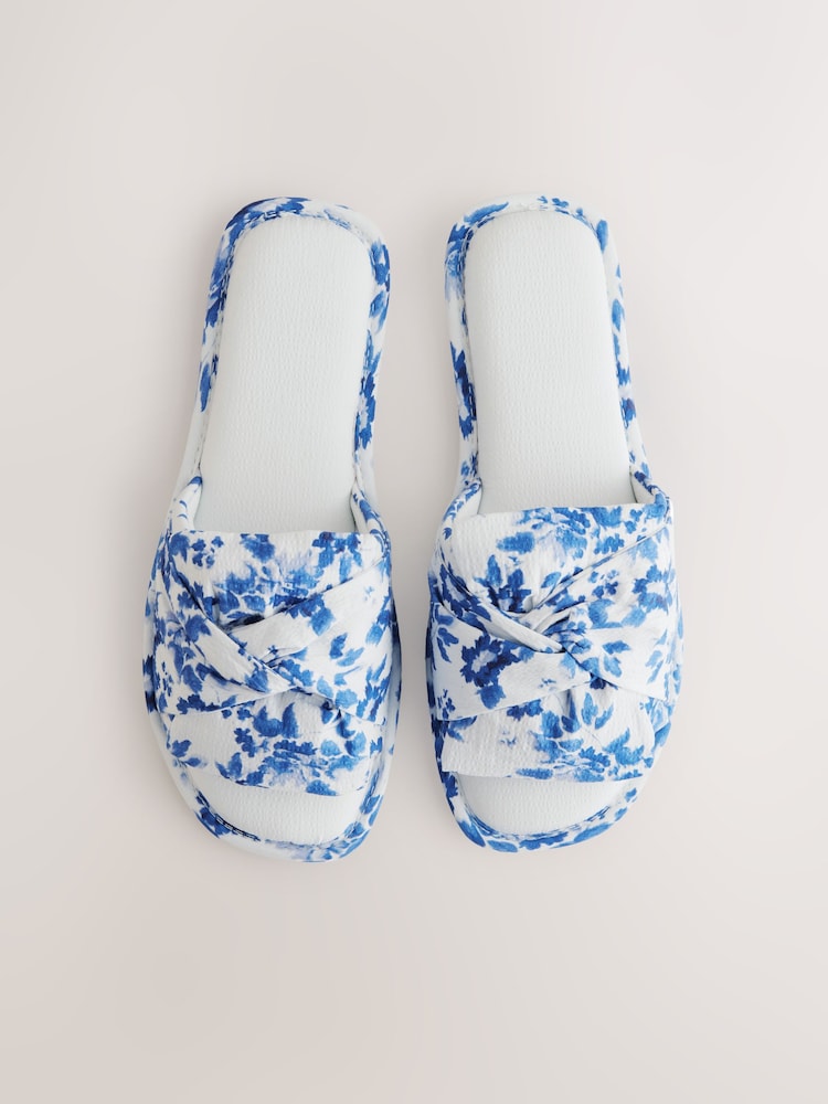 Blue Floral Print Linen Blend Bow Sliders Slippers - Image 5 of 8