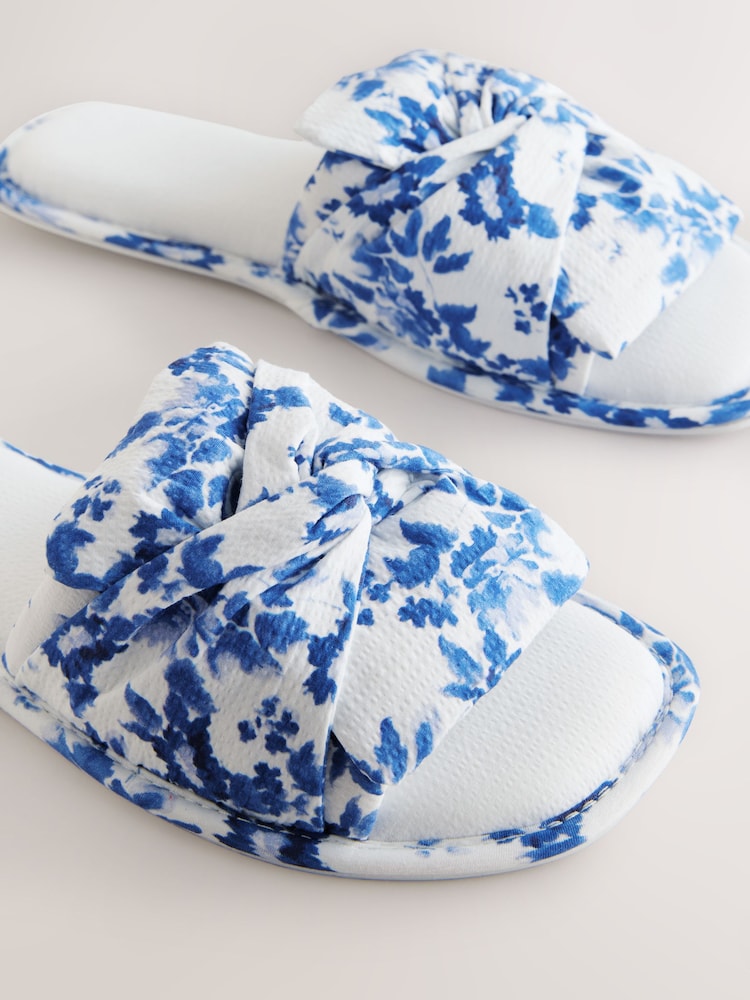 Blue Floral Print Linen Blend Bow Sliders Slippers - Image 6 of 8