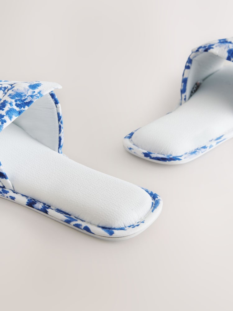 Blue Floral Print Linen Blend Bow Sliders Slippers - Image 7 of 8