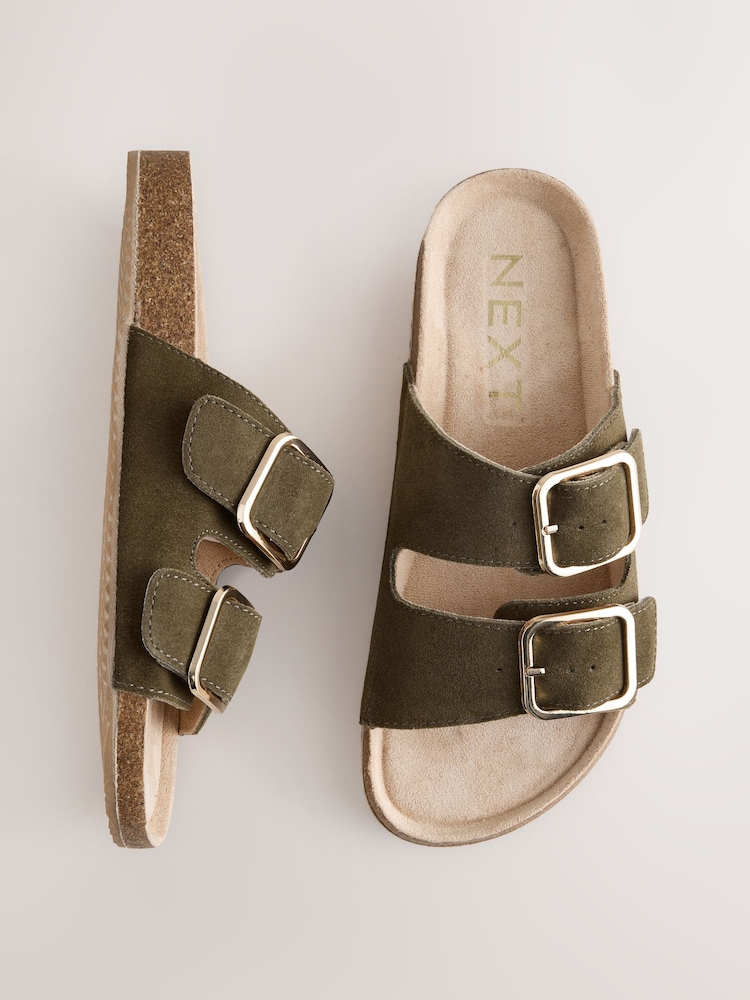 Khaki Green Suede Buckle Sliders Slippers - Image 5 of 9