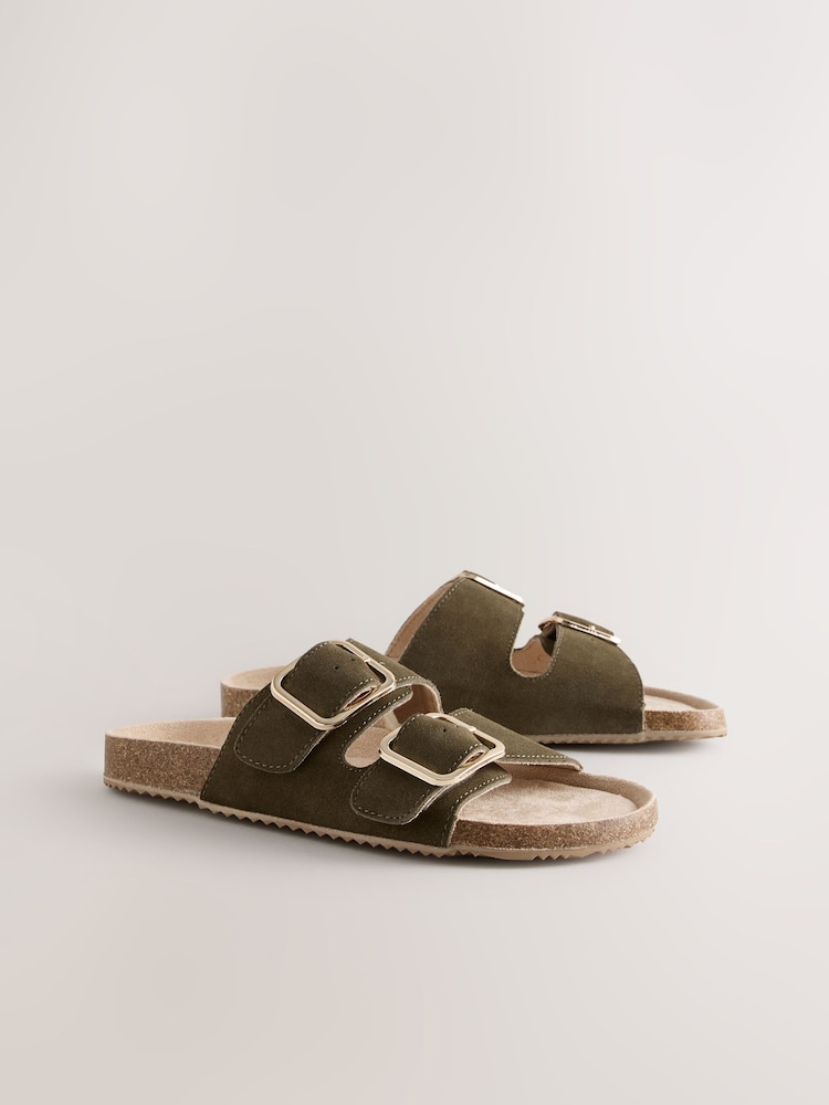 Khaki Green Suede Buckle Sliders Slippers - Image 6 of 9