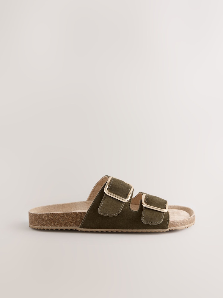 Khaki Green Suede Buckle Sliders Slippers - Image 7 of 9