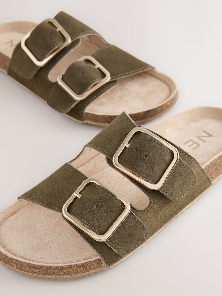 Khaki Green Suede Buckle Sliders Slippers - Image 8 of 9