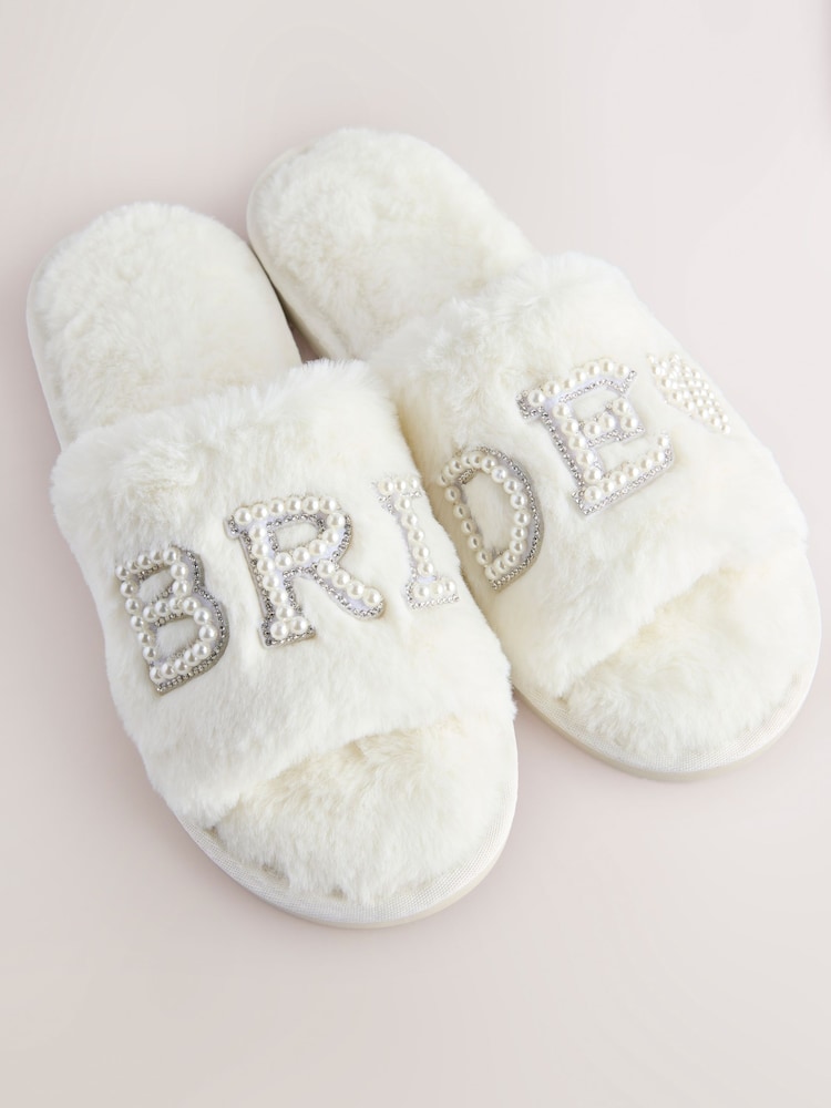 White Embellished Bridal Slider Slippers - Image 6 of 9