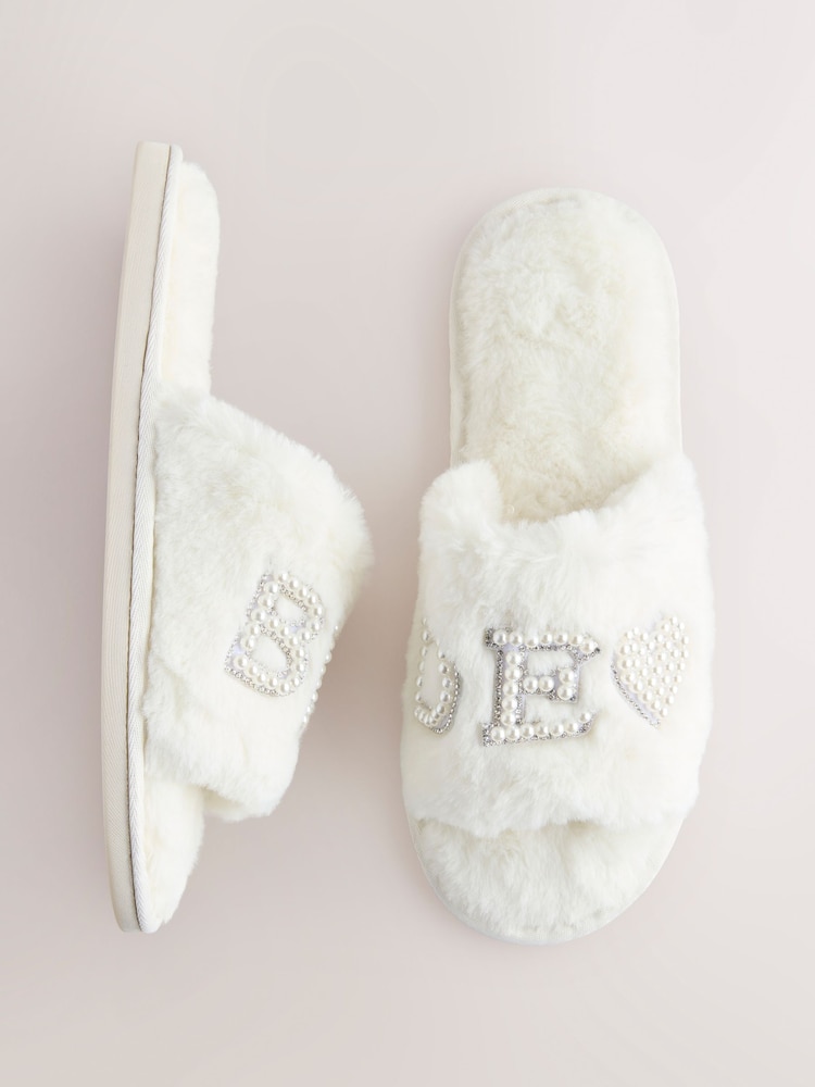 White Embellished Bridal Slider Slippers - Image 7 of 9
