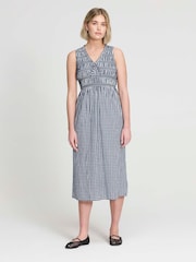 Finery Blue Hadlee Cotton Gingham Shirred Midi Dress - Image 1 of 5