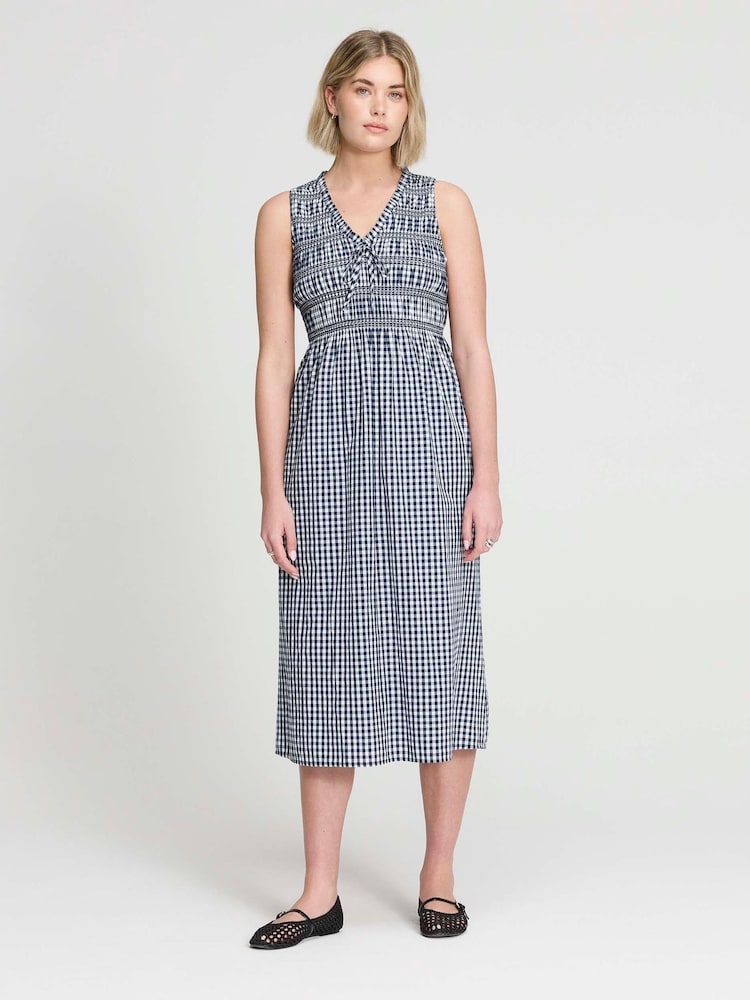 Finery Blue Hadlee Cotton Gingham Shirred Midi Dress - Image 1 of 5 Finery Blue Hadlee Cotton Gingham Shirred Midi Dress - Image 1 of 5