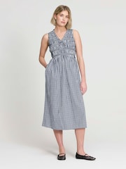 Finery Blue Hadlee Cotton Gingham Shirred Midi Dress - Image 4 of 5