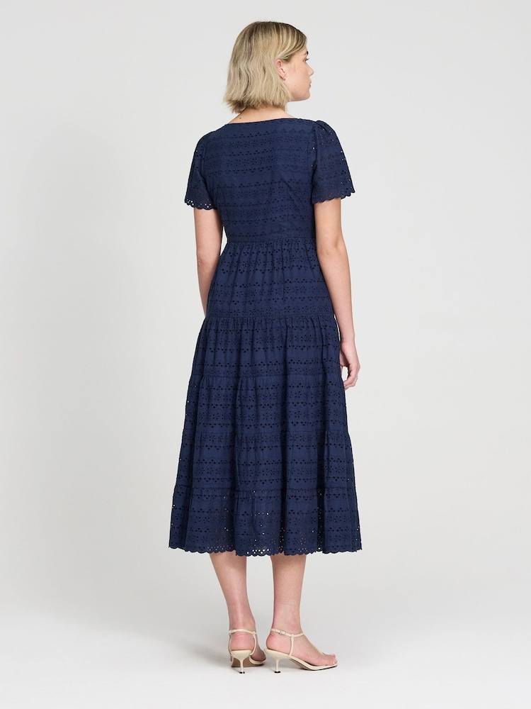 Finery Blue Jemma Cotton Broderie Tiered Midi Dress - Image 2 of 4 Finery Blue Jemma Cotton Broderie Tiered Midi Dress - Image 2 of 4