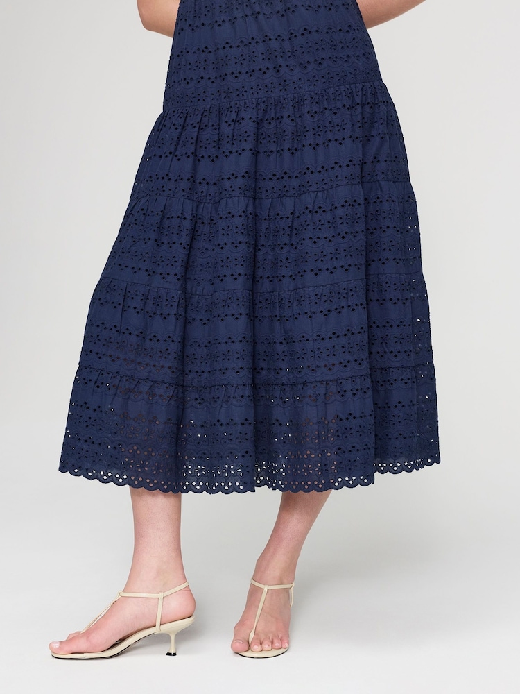 Finery Blue Jemma Cotton Broderie Tiered Midi Dress - Image 4 of 4 Finery Blue Jemma Cotton Broderie Tiered Midi Dress - Image 4 of 4