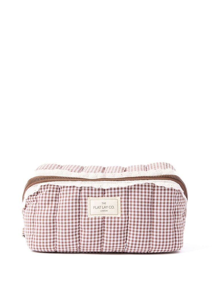 The Flat Lay Co. Mocha Gingham with Frill Marshmallow Flat Lay Makeup Box Bag - Image 1 of 4 The Flat Lay Co. Mocha Gingham with Frill Marshmallow Flat Lay Makeup Box Bag - Image 1 of 4
