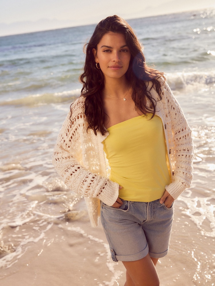 White Ecru 100% Cotton Stitch Knitted Cardigan - Image 1 of 8