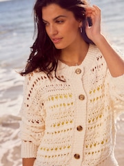 White Ecru 100% Cotton Stitch Knitted Cardigan - Image 3 of 8