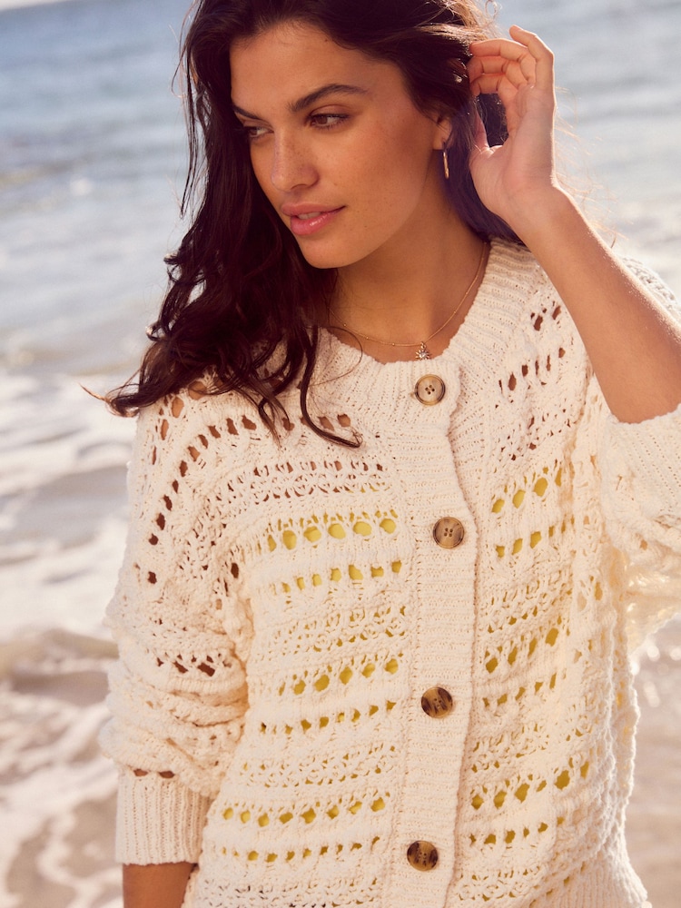 White Ecru 100% Cotton Stitch Knitted Cardigan - Image 3 of 8
