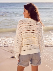 White Ecru 100% Cotton Stitch Knitted Cardigan - Image 4 of 8