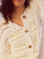 White Ecru 100% Cotton Stitch Knitted Cardigan - Image 5 of 8