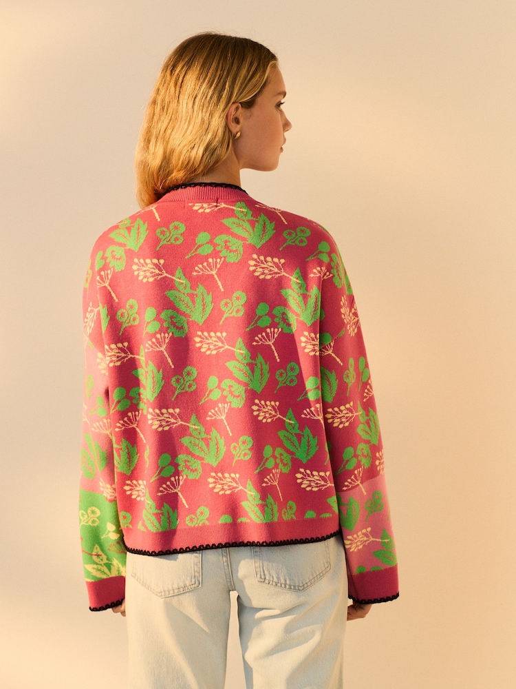 Pink Green Abstract Pattern Knitted Colourful Cardigan - Image 3 of 9