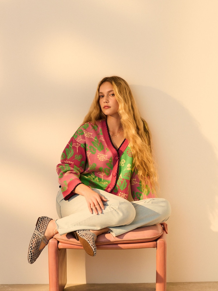Pink Green Abstract Pattern Knitted Colourful Cardigan - Image 4 of 9